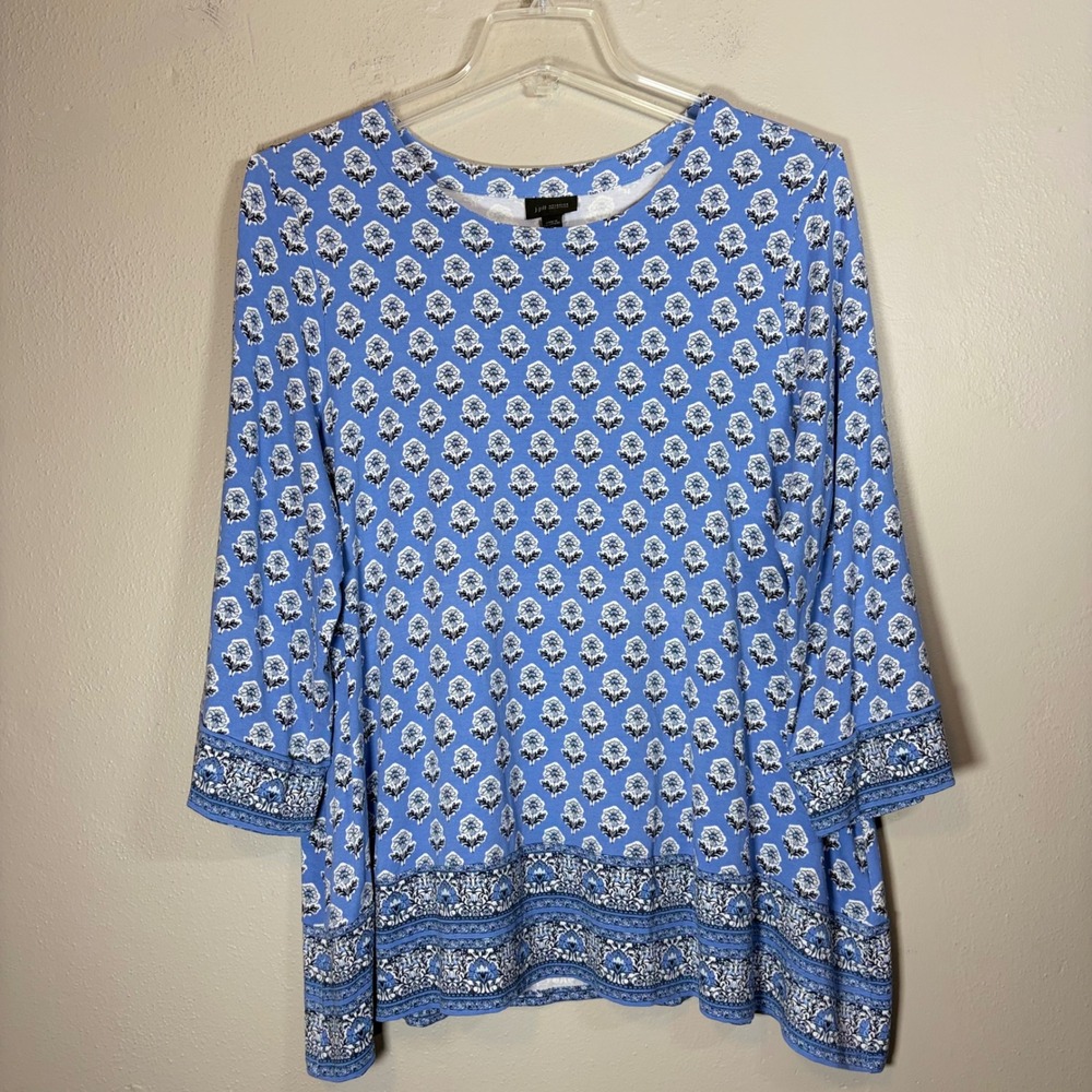 J. Jill Wearever Blue Floral Medallion Tunic Top 3/4 Sleeve XL KTP241921